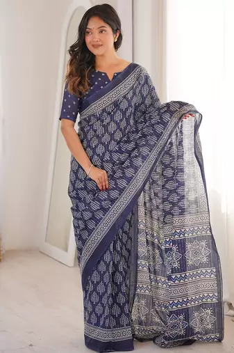 Indigo bloue piece with cotton printed saree