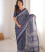 Indigo bloue piece with cotton printed saree