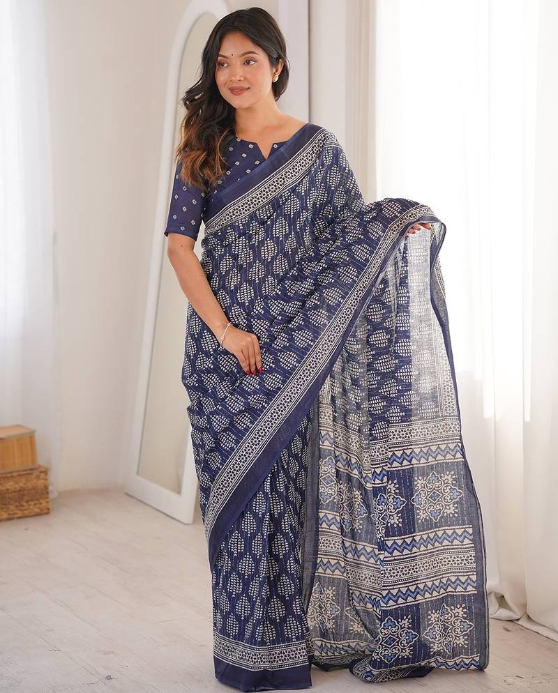 Indigo bloue piece with cotton printed saree