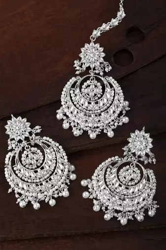 Aheli traditional kundan & pearl maang tikka with chandbali earring jewellery set for women