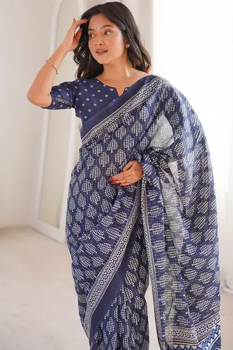 Indigo bloue piece with cotton printed saree