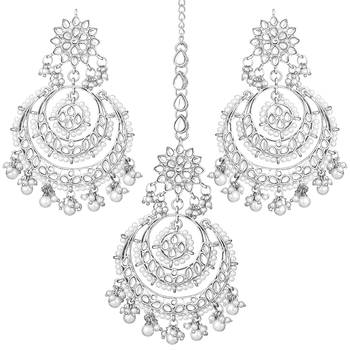 Aheli traditional kundan & pearl maang tikka with chandbali earring jewellery set for women 3