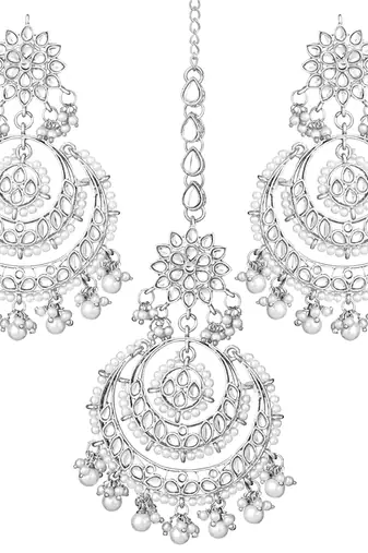 Aheli traditional kundan & pearl maang tikka with chandbali earring jewellery set for women
