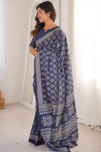 Indigo bloue piece with cotton printed saree