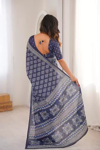 Indigo bloue piece with cotton printed saree