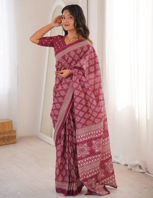 Wine bloue piece with cotton printed saree 1