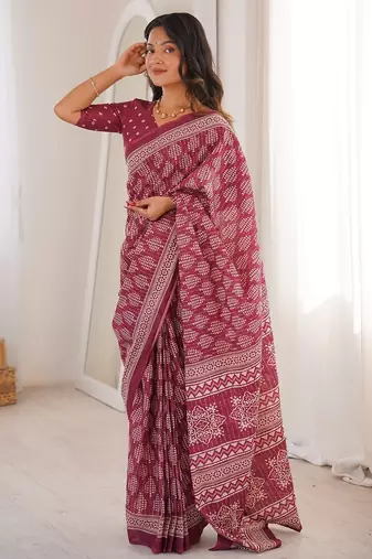 Wine bloue piece with cotton printed saree