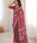 Wine bloue piece with cotton printed saree