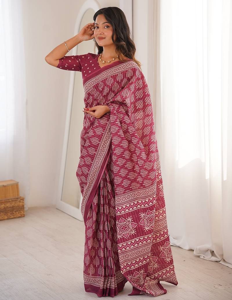 Wine bloue piece with cotton printed saree