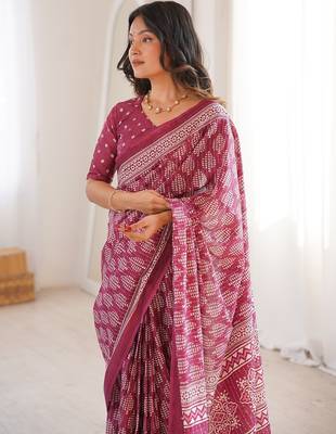 Wine bloue piece with cotton printed saree 2