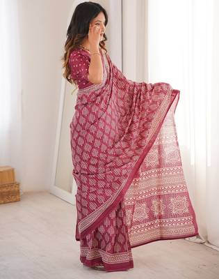 Wine bloue piece with cotton printed saree 3