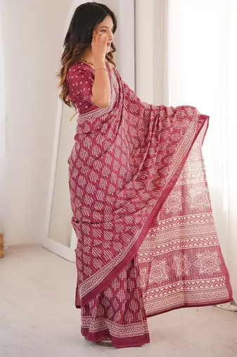Wine bloue piece with cotton printed saree