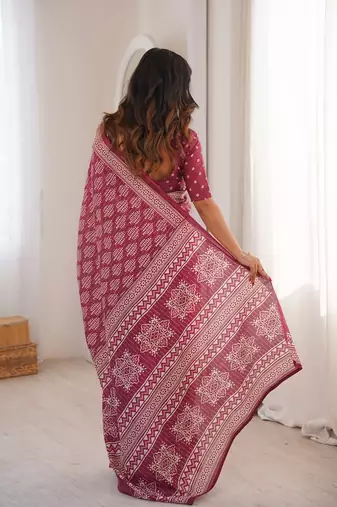 Wine bloue piece with cotton printed saree