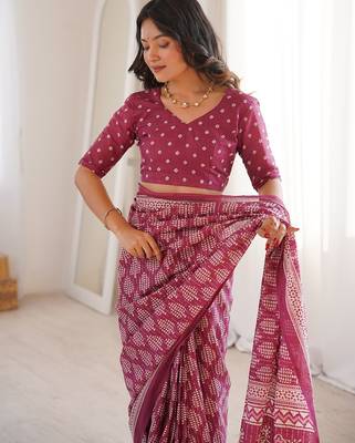 Wine bloue piece with cotton printed saree 5