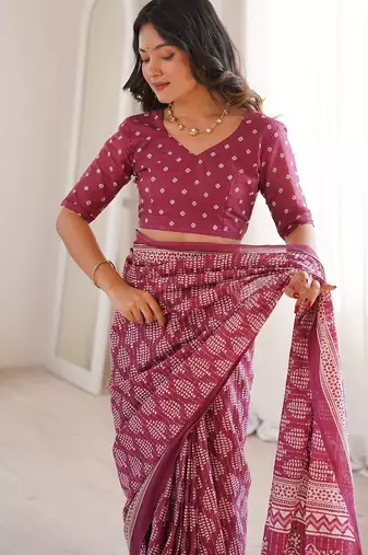 Wine bloue piece with cotton printed saree