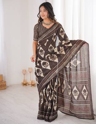 Brown bloue piece with cotton printed saree 1