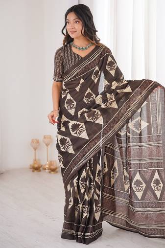 Brown bloue piece with cotton printed saree
