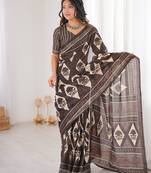 Brown bloue piece with cotton printed saree