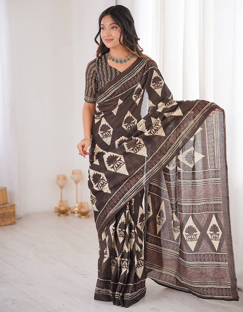 Brown bloue piece with cotton printed saree