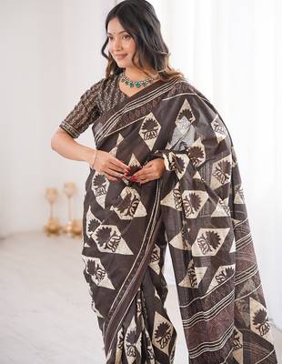 Brown bloue piece with cotton printed saree 2