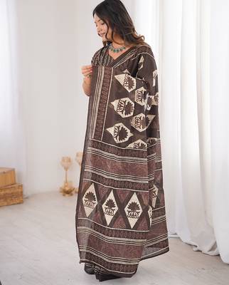Brown bloue piece with cotton printed saree 3