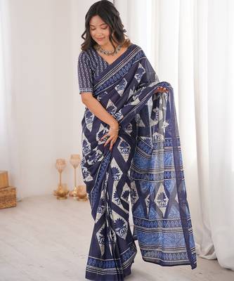 Indigo bloue piece with cotton printed saree 1