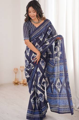 Indigo bloue piece with cotton printed saree