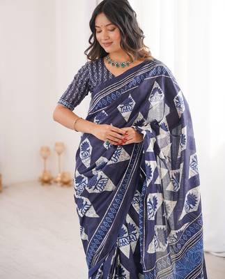 Indigo bloue piece with cotton printed saree 2