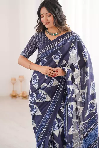 Indigo bloue piece with cotton printed saree
