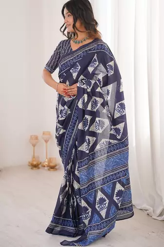 Indigo bloue piece with cotton printed saree