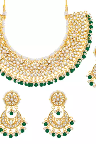 Aheli green kundan choker necklace earrings with maang tikka jewellery set