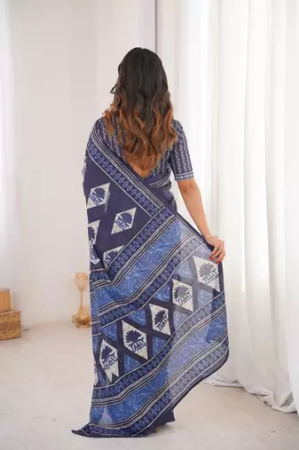 Indigo bloue piece with cotton printed saree
