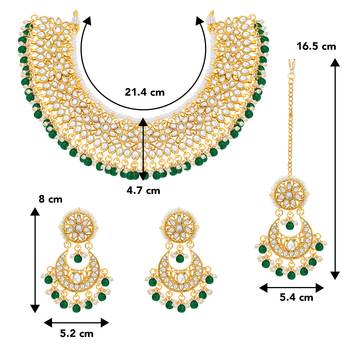 Aheli green kundan choker necklace earrings with maang tikka jewellery set 4