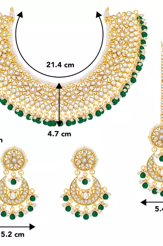 Aheli green kundan choker necklace earrings with maang tikka jewellery set