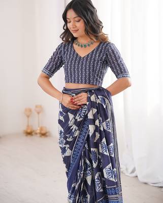 Indigo bloue piece with cotton printed saree 5