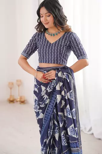 Indigo bloue piece with cotton printed saree