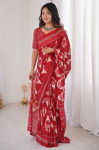 Red bloue piece with cotton printed saree