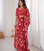 Red bloue piece with cotton printed saree