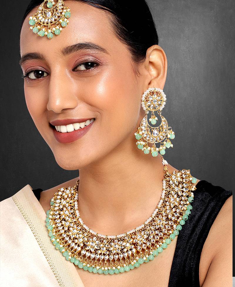 Aheli mint kundan choker necklace earrings with maang tikka jewellery set