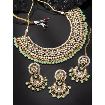 Aheli mint kundan choker necklace earrings with maang tikka jewellery set 2