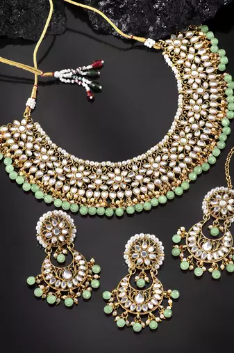 Aheli mint kundan choker necklace earrings with maang tikka jewellery set