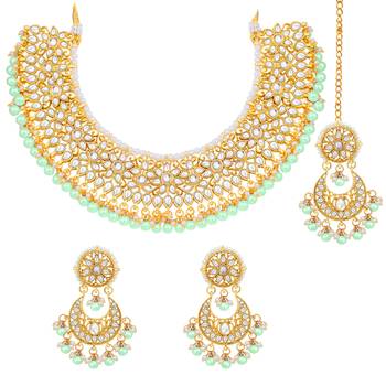 Aheli mint kundan choker necklace earrings with maang tikka jewellery set 3