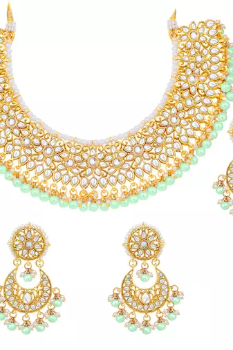 Aheli mint kundan choker necklace earrings with maang tikka jewellery set