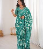 Teal bloue piece with cotton printed saree