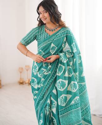 Teal bloue piece with cotton printed saree 2