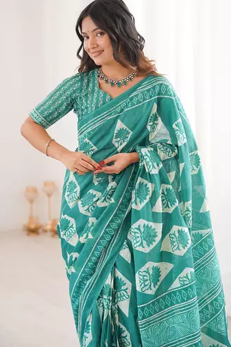 Teal bloue piece with cotton printed saree