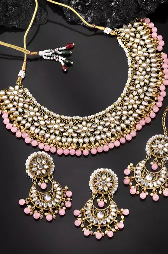 Aheli pink kundan choker necklace earrings with maang tikka jewellery set