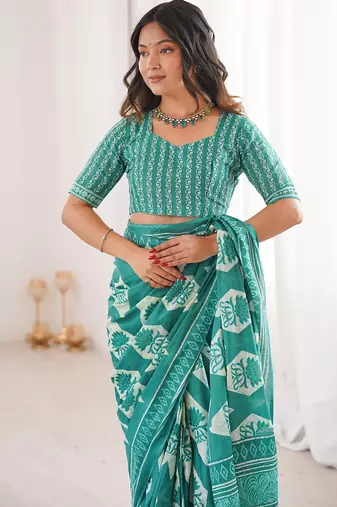 Teal bloue piece with cotton printed saree