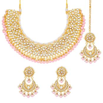 Aheli pink kundan choker necklace earrings with maang tikka jewellery set 3