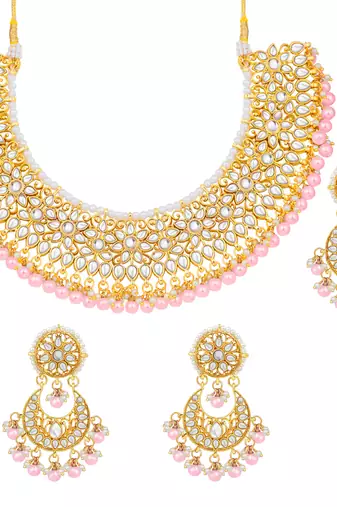 Aheli pink kundan choker necklace earrings with maang tikka jewellery set